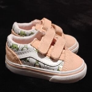 Vans Kids Peach Velcro Sneakers with Green Dinosaur Accents